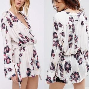 Free People Womens Tuscan Dreams Cream Floral Print Flowy Boho Tunic Blouse